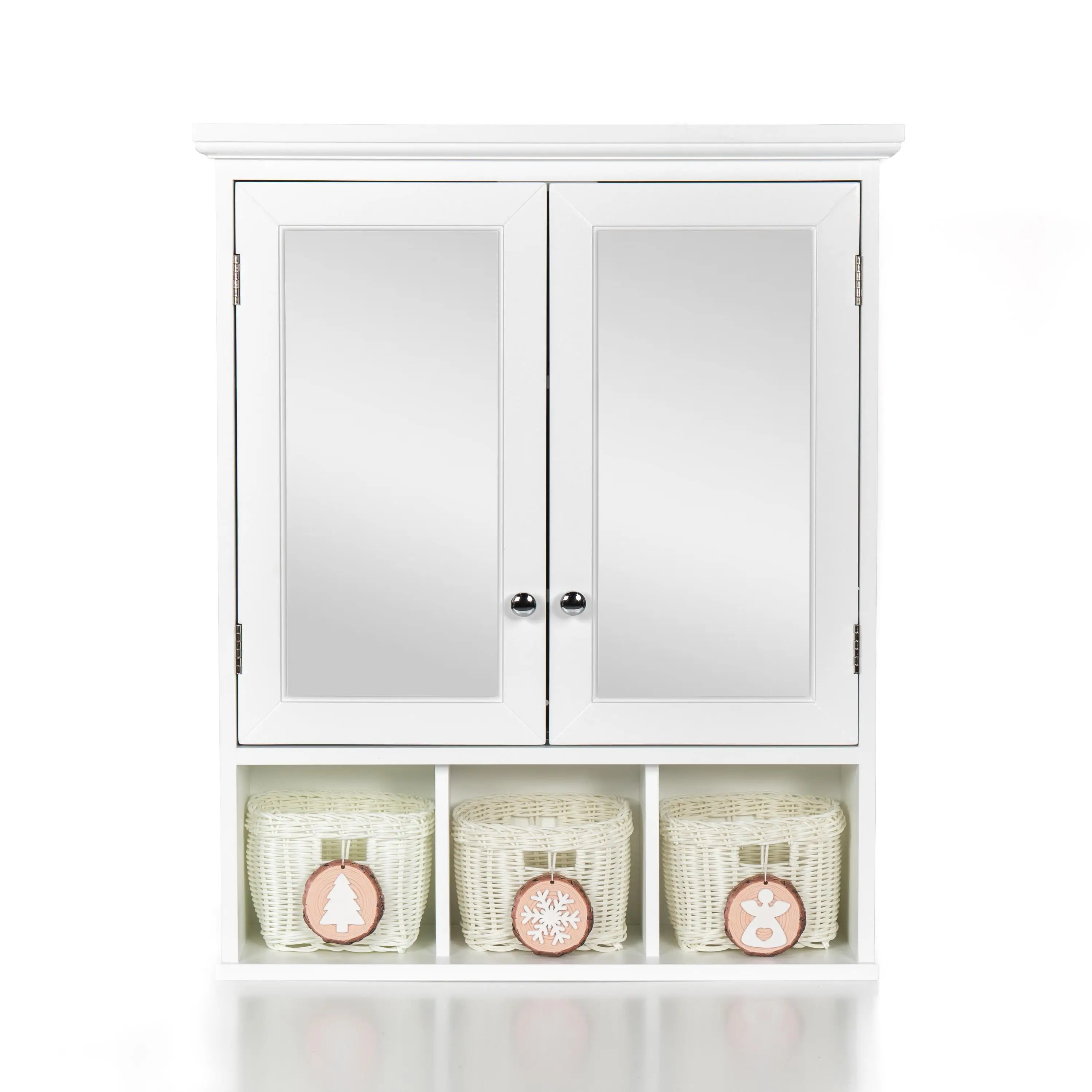 Wall-Mounted for bathroom Storage Cabinet with Mirror, 2 Doors & 2 Shelves, White Wood + 3 Festive Storage Baskets