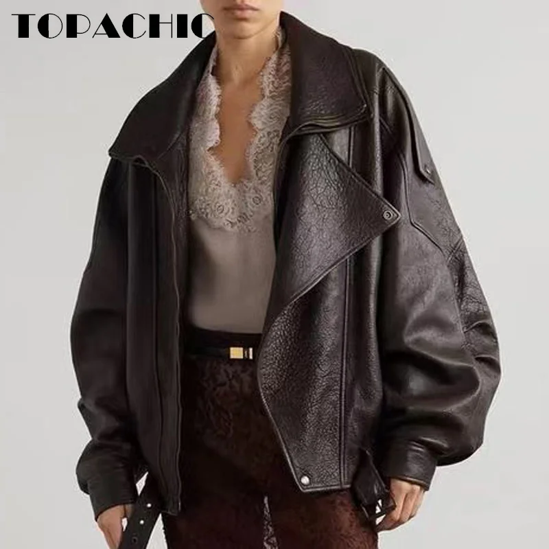 8.14 TOPACHIC-Women Classic Moto Biker Double Lapel Sheepskin Jacket Hem Sashes Elastic Collect Waist Zipper Long Sleeve Coat