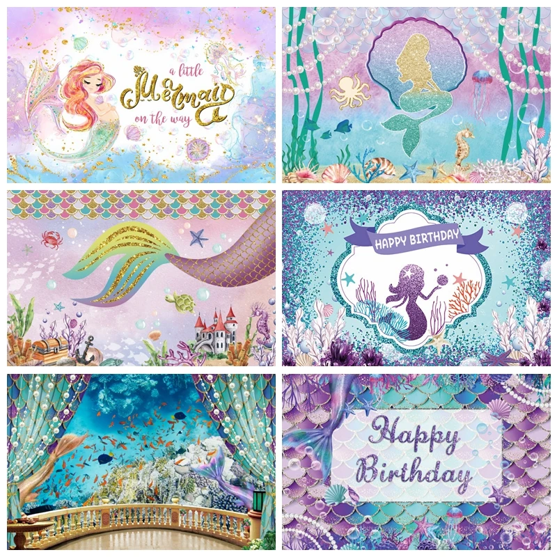 인어 공주 사진 배경, 아기 소녀 생일 파티 장식 배경, 사진 커스텀 포토콜 스튜디오 사진