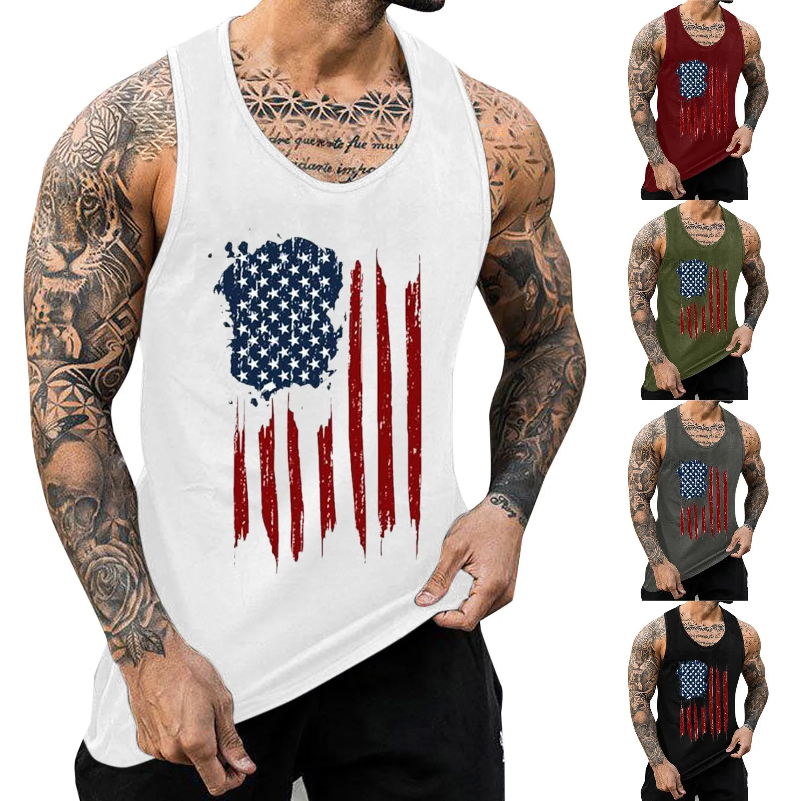 Mens Fitness Gyms Tank Top Us Independence Day Prints Men Sleeveless Shirt Male Breathable Sportswear Vest Gyms Running Vest New