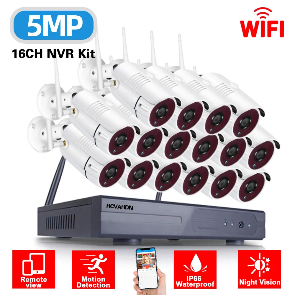 Kit de videovigilancia NVR WIFI de 5MP, sistema de cámaras de seguridad inalámbrico impermeable para exteriores de 16 canales, CCTV, Wifi, conjunto de cámaras de monitoreo IP