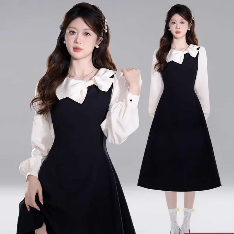 French Hepburn Style Fake Two Black Dresses for Autumn and Winter New Styles Wealthy Families Waist Cinching A-line Dresses