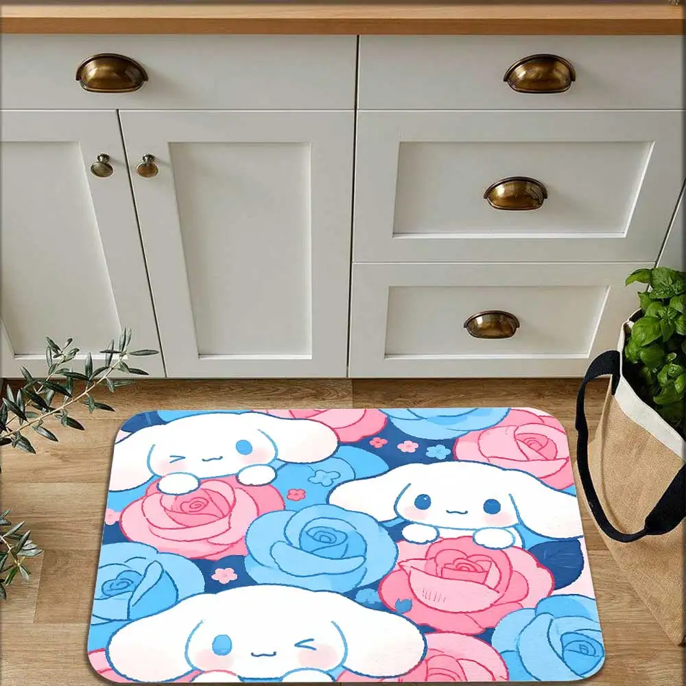 Alfombra de bienvida Kawaii con flores rosas، Cinnamorolls، alfombra de cocina antideslizante latable، alfombras suaves para #2