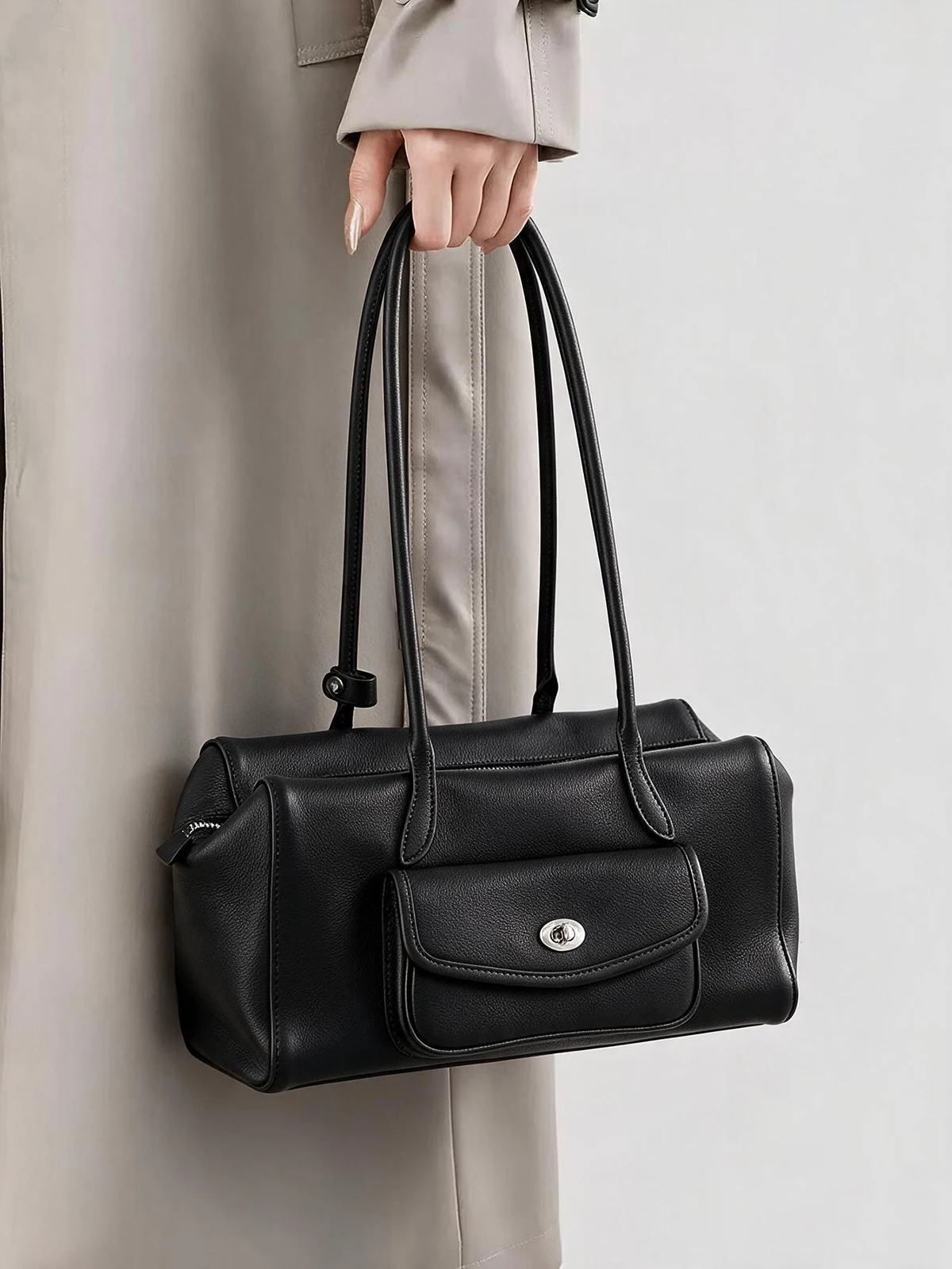 Genuine Leather Shoulder Bag Women East West Bowling Handbag Soft Real Cowhide Underarm Satchel Vintage Chic Daily Ladies Purses