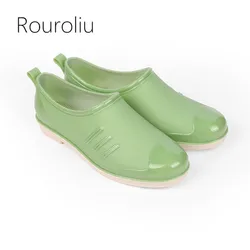 Rouroliu Women PVC Ankle Rain Boots Waterproof Water Shoes Low-top Warm Rainboots Wellies Slip-on