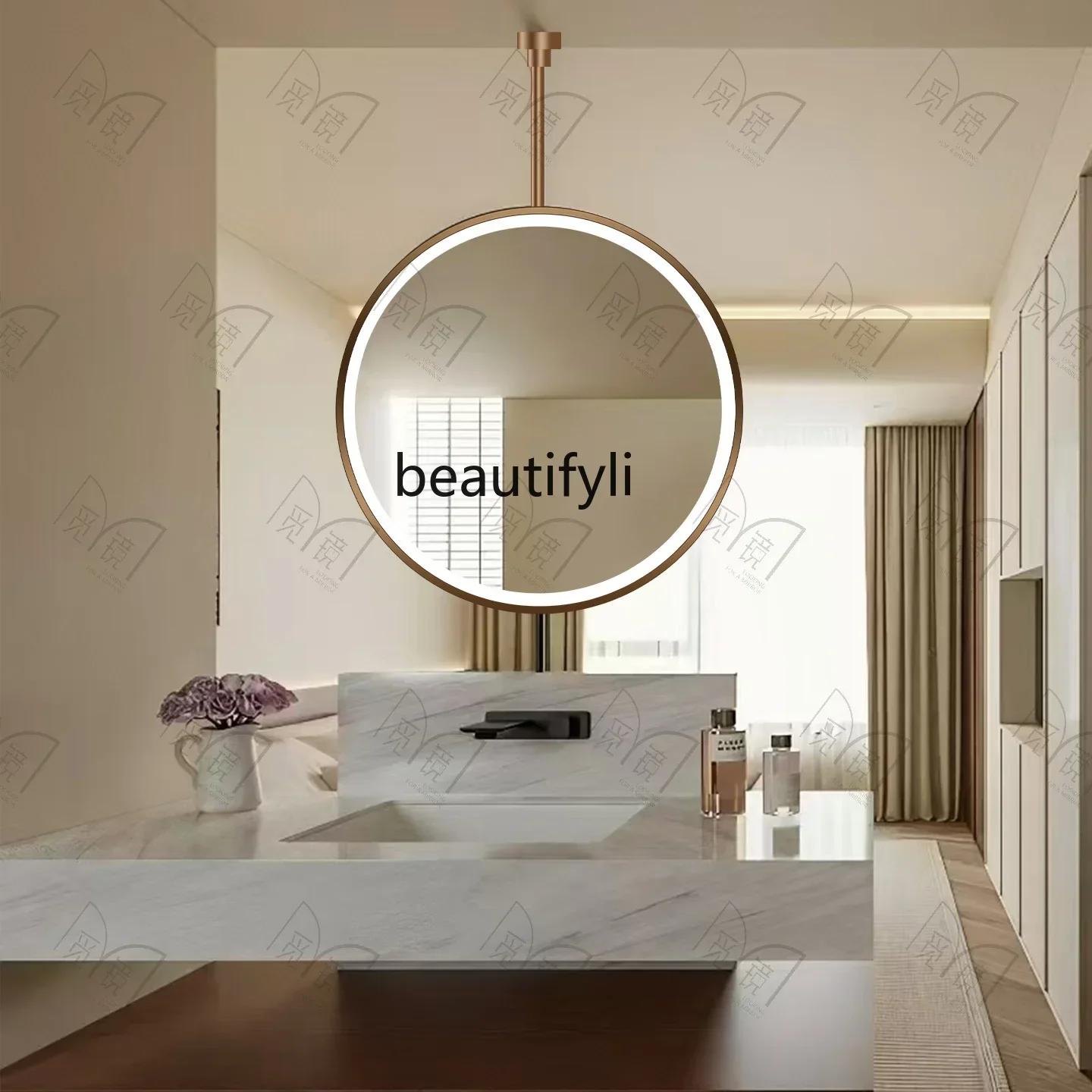 

Single rod round washstand suspended hanging mirror enamel color screen partition mirror retro intelligent lamp makeup mirror