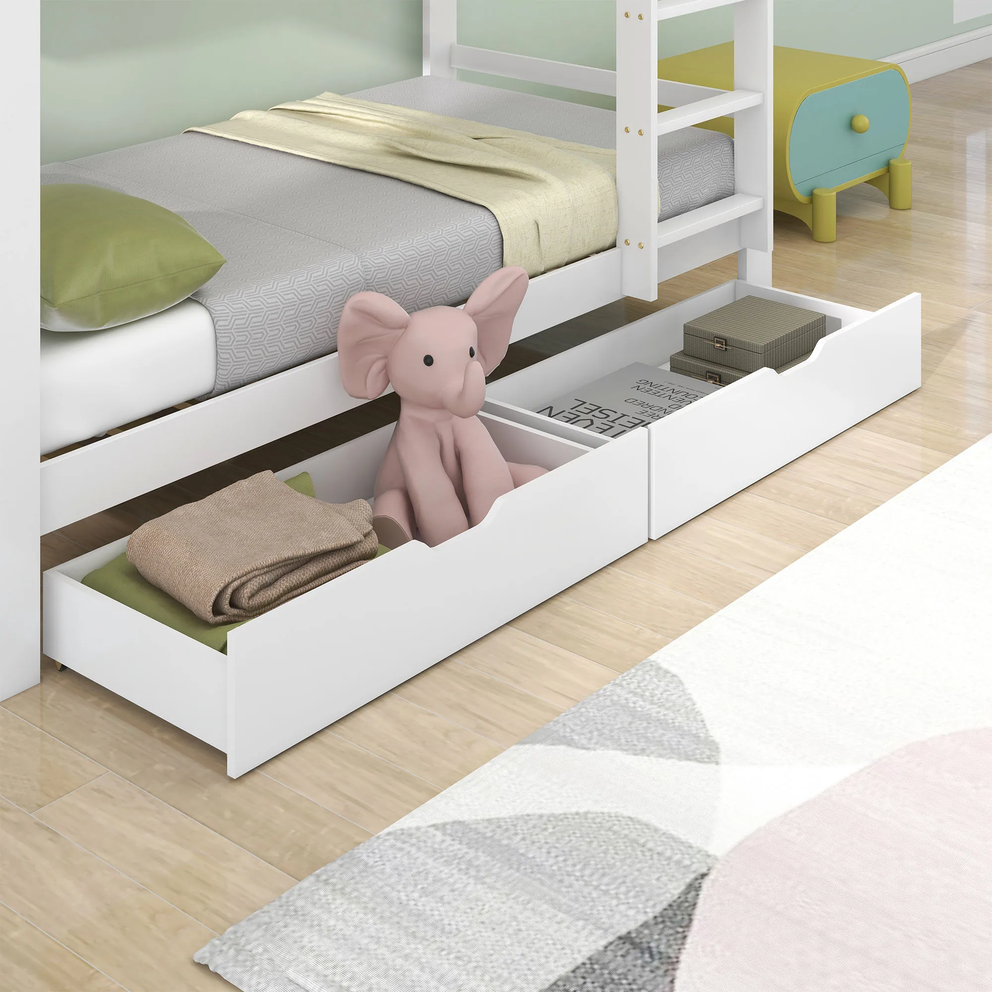 PINGGO Etagenbett mit Schubladen, Regalen, Hausbett, 3-stufige Leiter, Kiefernholzrahmen, Weiß, 90x200cm, Kinderbett mit Fallschirmgitter – Detail 3