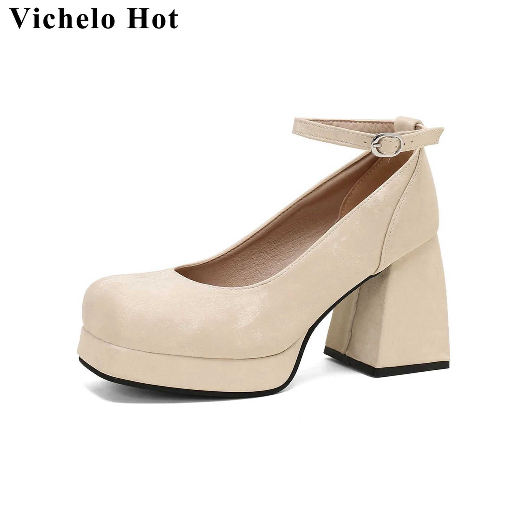 

Vichelo Hot High Quality Square Toe Shallow Colorful Chunky Heels Spring Autumn Shoes Party Ins Wedding Ankle Strap Women Pumps