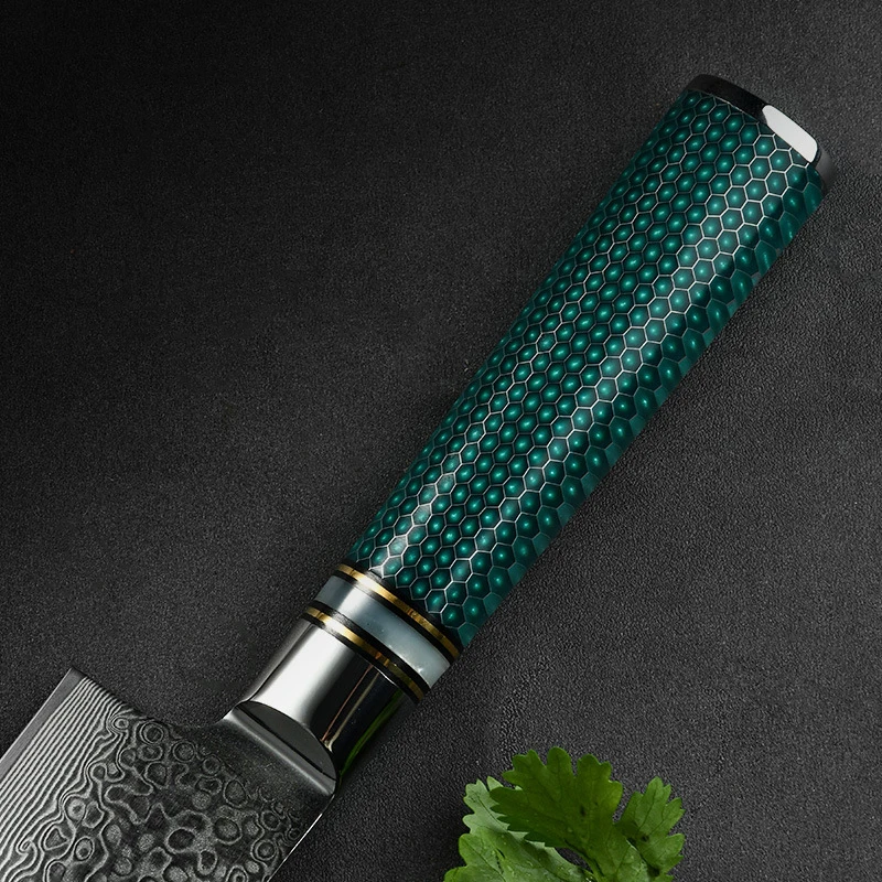 SW 8 Inch Japanese  Damascus Steel Chef Knife Professional Kitchen Cutt Vegetables Fruits Tools Utility Knife Green Resin Handle