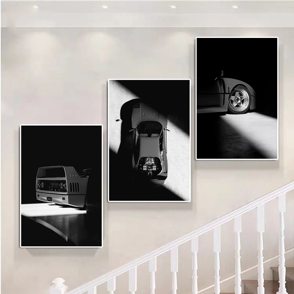 Klassisches Minimalistisches Sportwagen F40 Poster Schwarz-Weiß Supercar Leinwandgemälde Luxus-Rennsport Wandkunst Jungenzimmer Heimdekoration