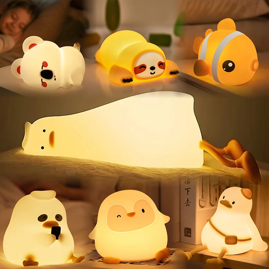 Cute Animal Led Silicone Night Light Rechargeable Children Bedroom Desktop Decor Lamp Duck Sloth Koala Fish Penguin Optional