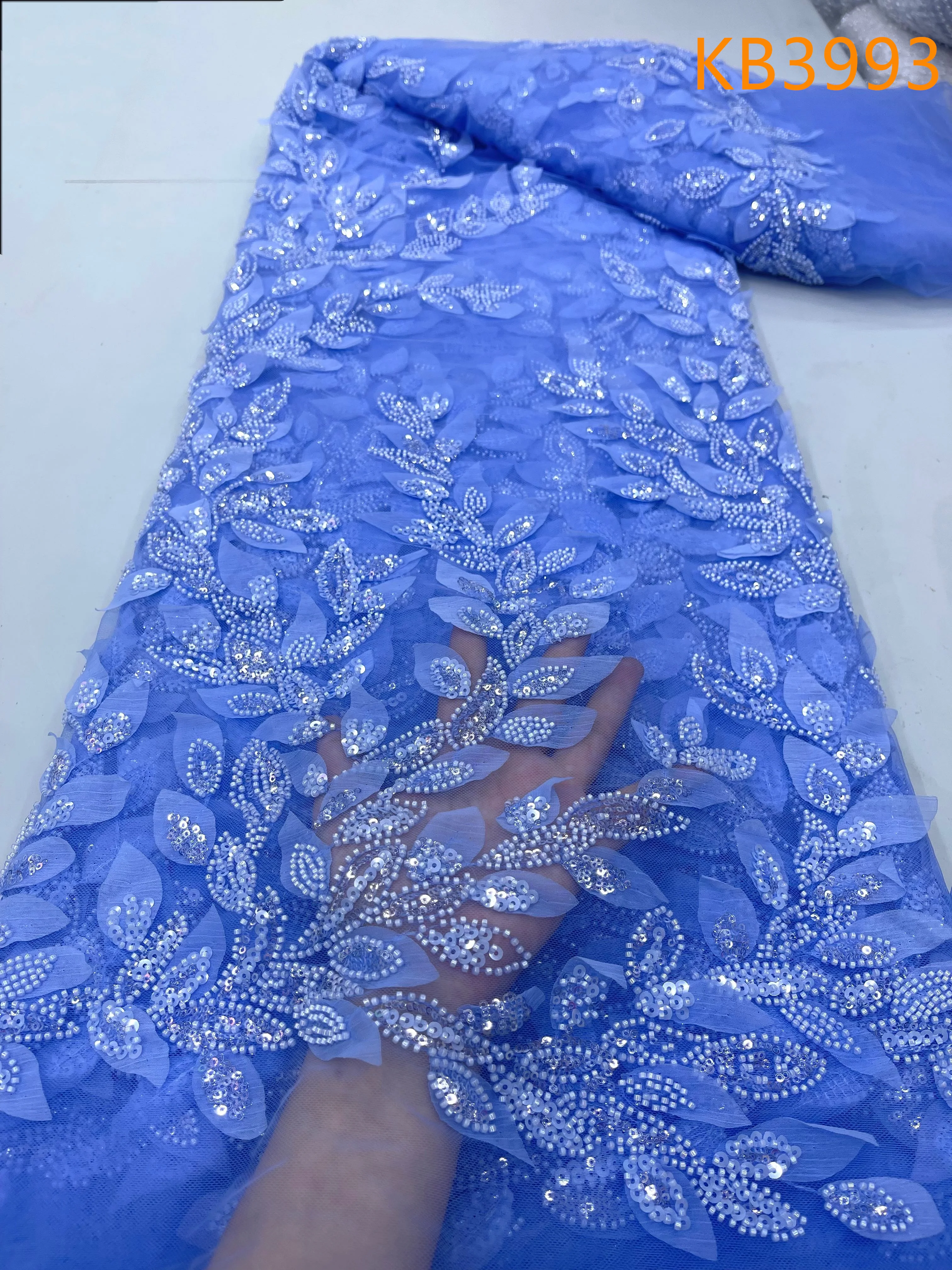 Nigerian 3D Flower Lace Fabric Africa Lace Fabric 5 Yards High Quality 2024 Beads Lace Fabric for Wedding Evening Dress KB3993