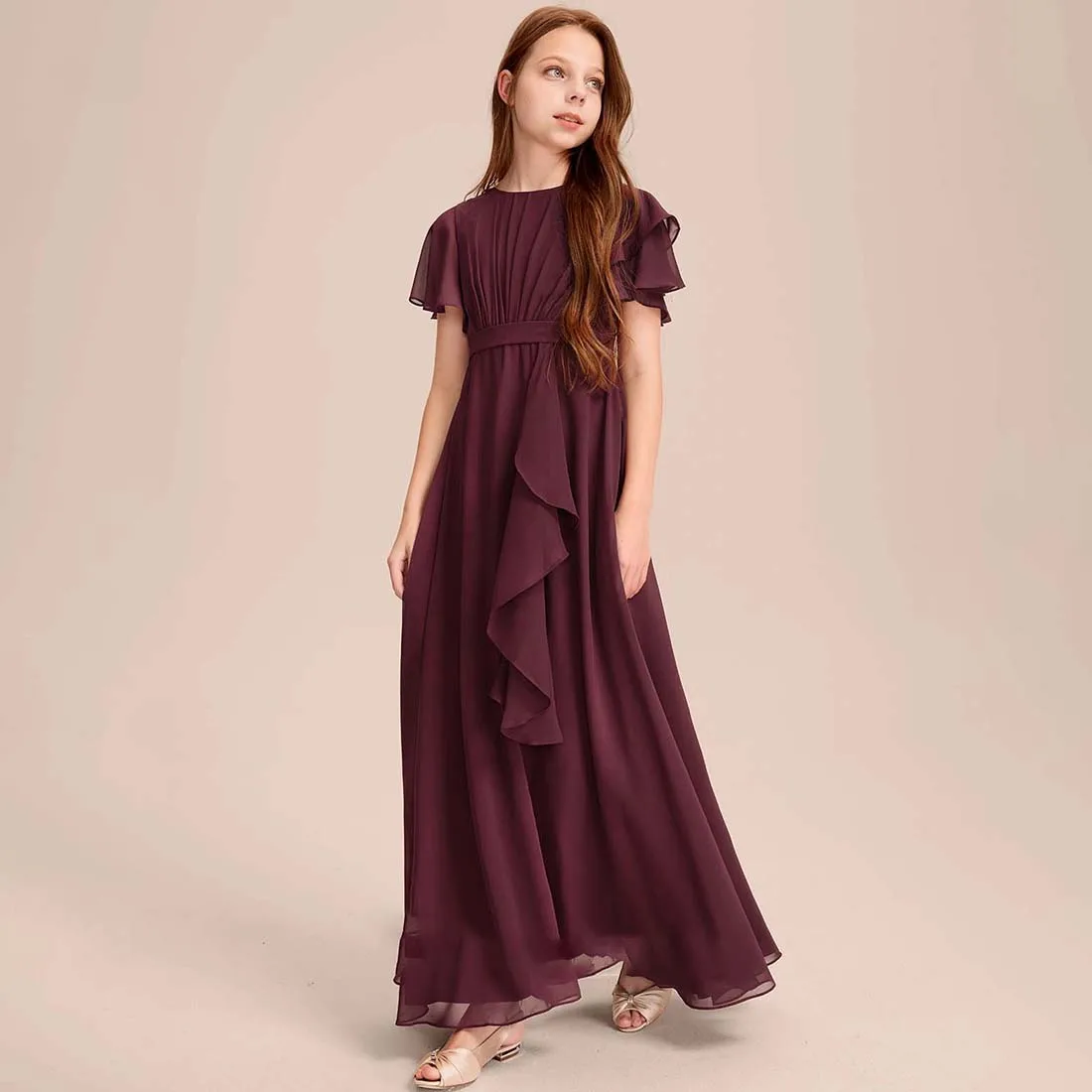 YZYmanualroom Chiffon Junior Bridesmaid Dress With Cascading Ruffles A-line Scoop Floor-Length 2-15T