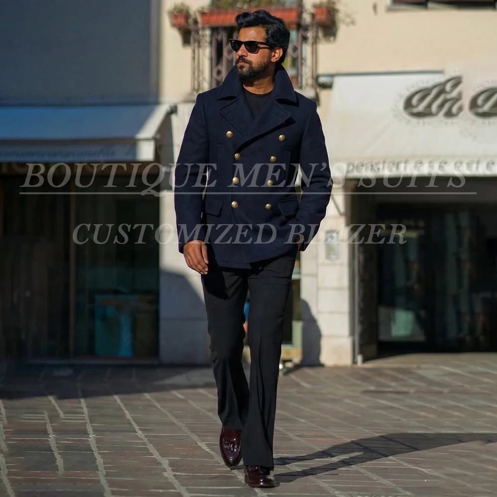 

High Quality Men's Suits Blazer Bespoke Navy Blue Blazer With Black Pants 2 Piece Chic Double Breasted Notch Lapel Clothing