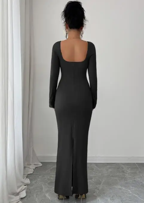 2025 Elegant Temperament Solid Color Hip Dress Autumn Solid Color Deep V-Neck Women's Lace Up Waist Bag Hip Long Sleeved Dress