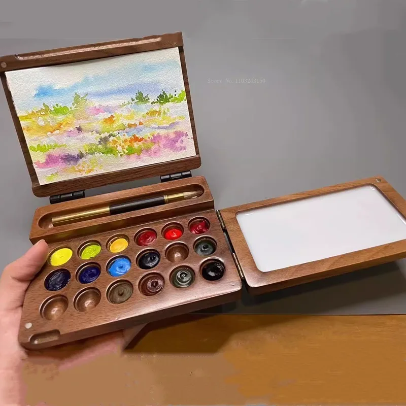 Caja de pigmentos de 18 colores, paleta de pintura de acuarela de madera pura hecha a mano, caja vacía portátil para estudiantes de arte, bocetos al aire libre