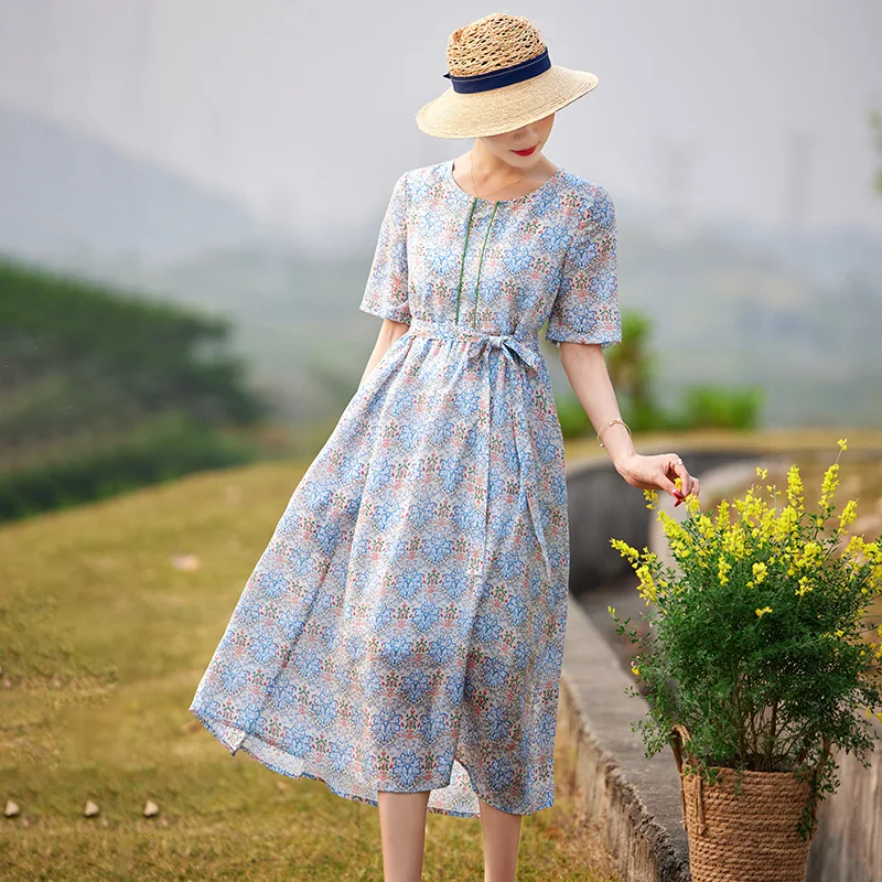 

Printing splicing loose literary style retro dress summer new ramie floral dress fashionable casual versatile simple temperament