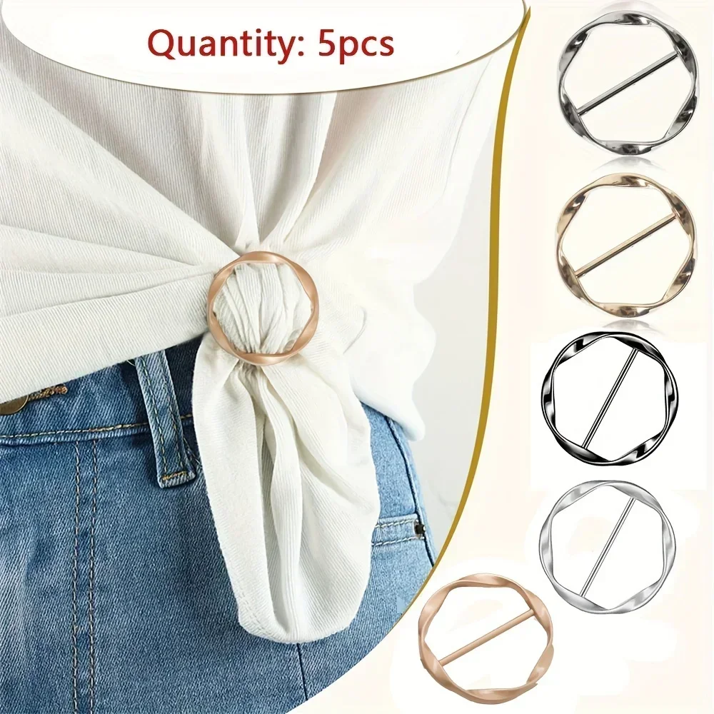 5 Pcs Fashion Metal Round Circle Clip Buckle Shawl T-Shirt Tie Clip Brooch Waist Buckle Versatile Clothing Ring Wrap Holder