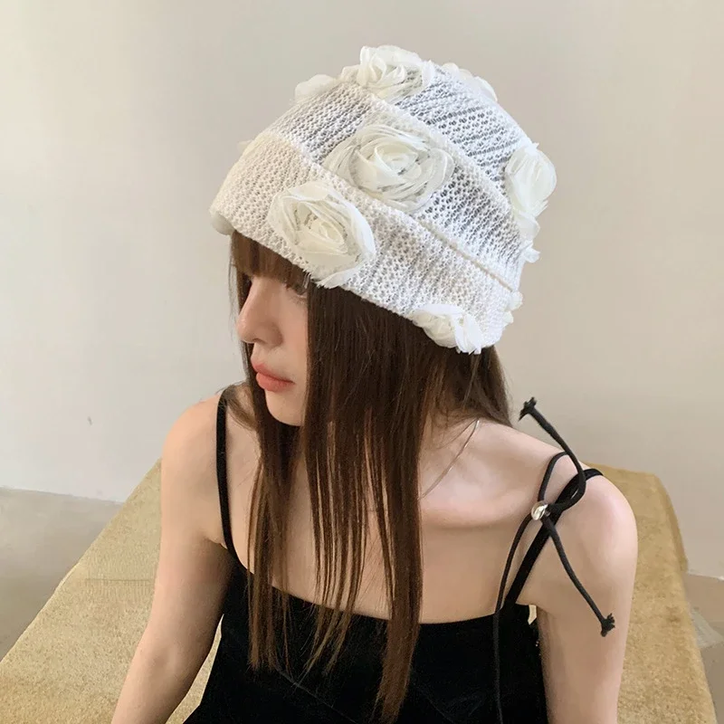 Spring and Autumn Design Rose Cold Hat Women Hollow Knitting Breathable Thin Pile Hat