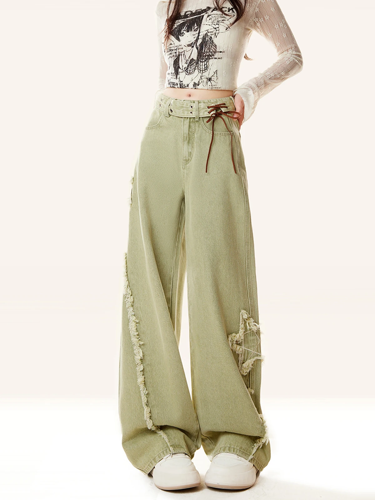 

Женские джинсы ENJOG Dopane een Star Patch: весенне-летние свободные джинсы с широкими штанинами и завязками на талии – новая сенсация