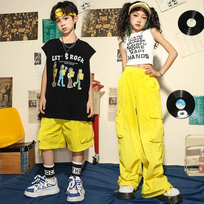 Camisa con estampado Vintage de gran tamaño para niños, ropa de calle, Tops para niñas y niños, pantalones Cargo de Hip Hop para niños, traje de baile de Jazz