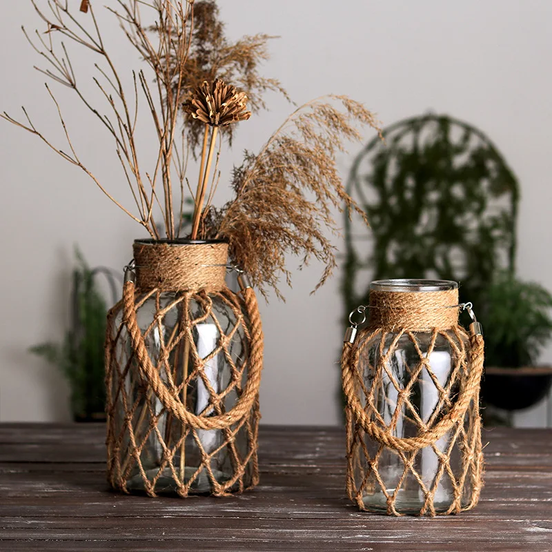 

Hand-woven Hemp Rope Glass Transparent Vases American Decorative Ornament Hydroponic Vase Oggetti Decorativi Casa Jarrones