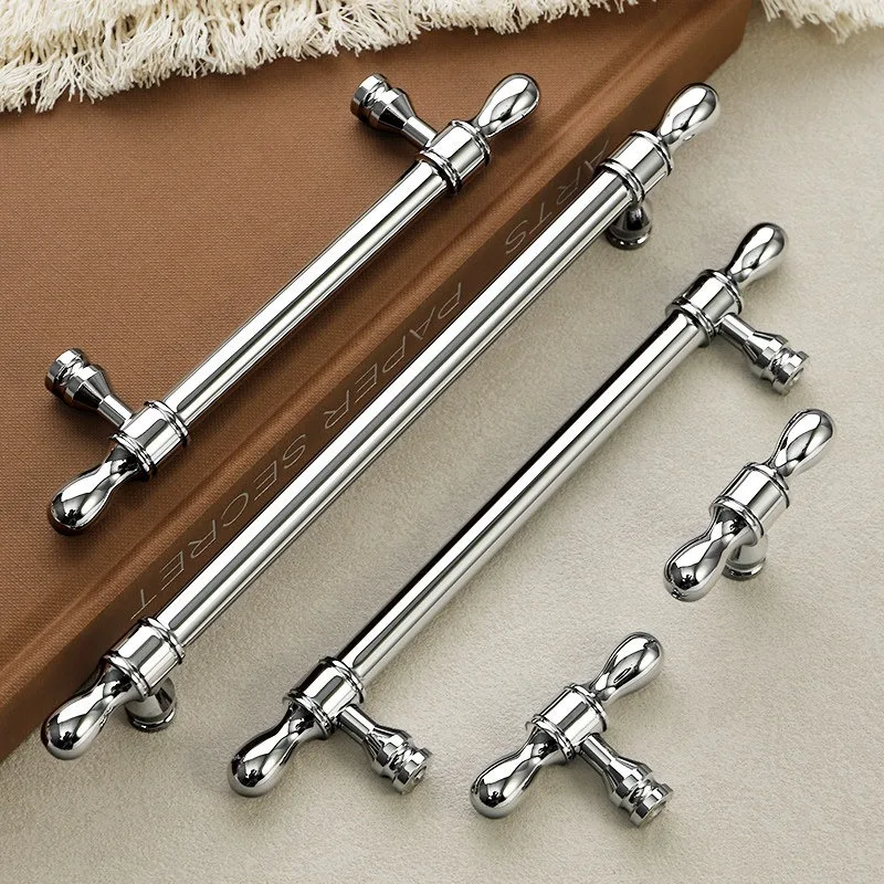 French Bright Chrome Brass Handle Cabinet Door Wardrobe Drawer Cabinet Door Handle Simple Drip Copper Handle
