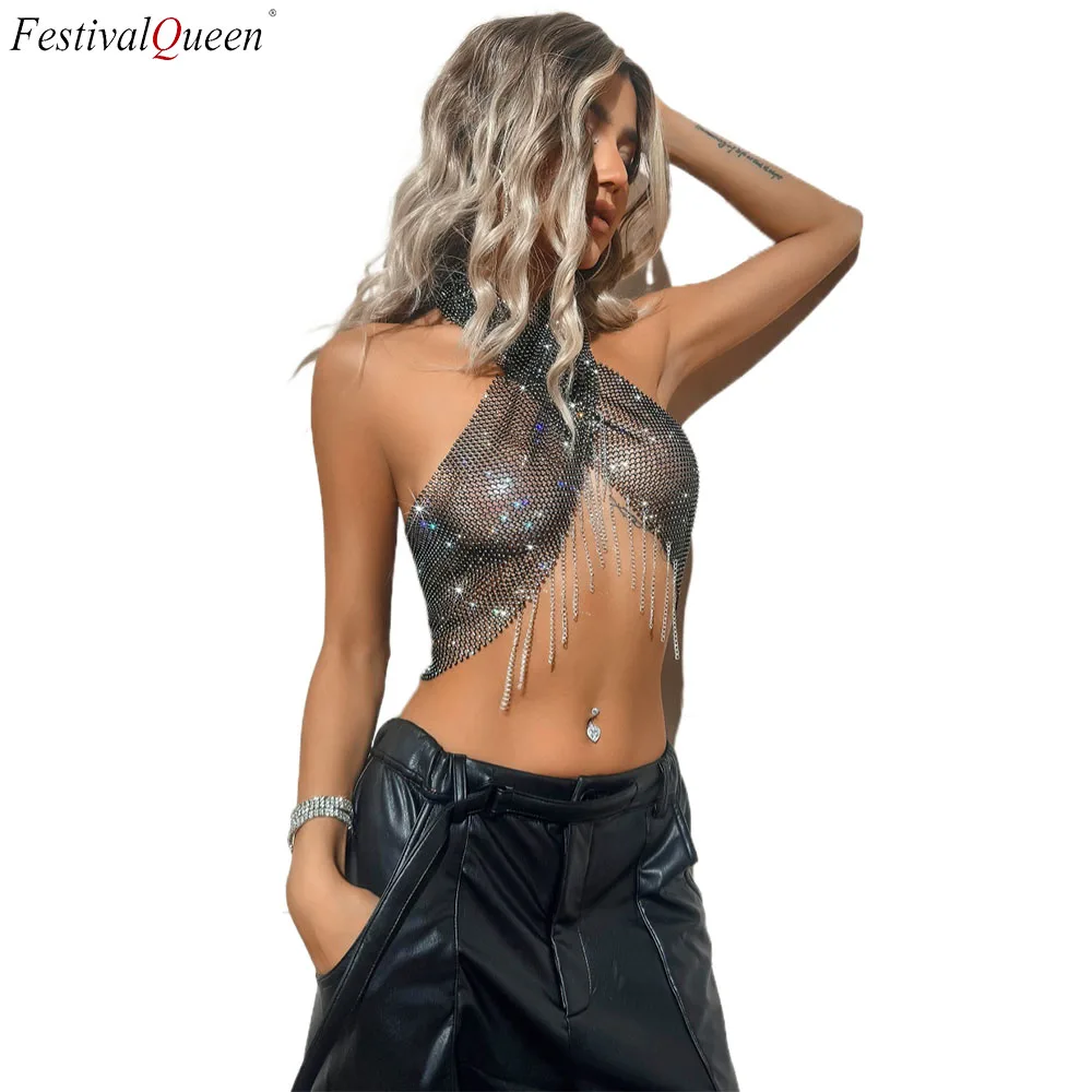 

FestivalQueen Shimmering Rhinestone Halter Top Tassel Backless & Sleeveless Nightclub Party Wear Trendy Womens Fashion Clothing