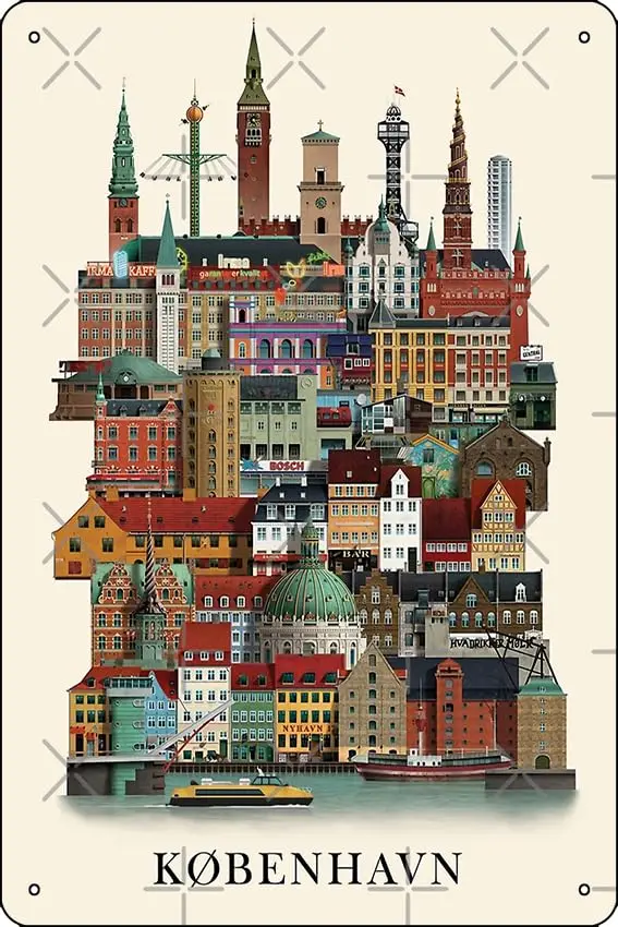Плакат от известного места в Копенгагене, металлический жестяной знак, забавное домашнее искусство, Настенный декор 8x12 дюймов