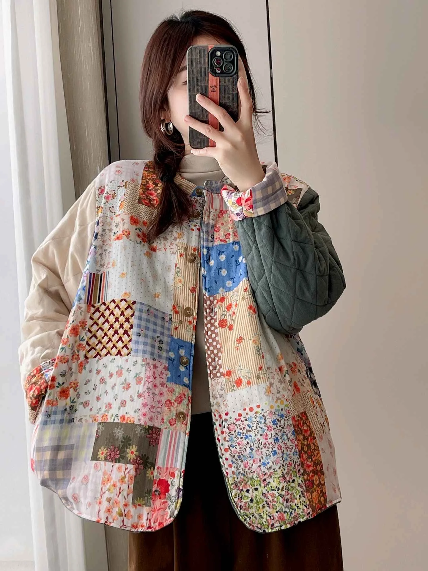 

Japanese Style Double-Sided Wear Lightweight Cotton Jacket Ladies Winter Fashion Patchwork round Neck Thickened Warm Cotton Coat