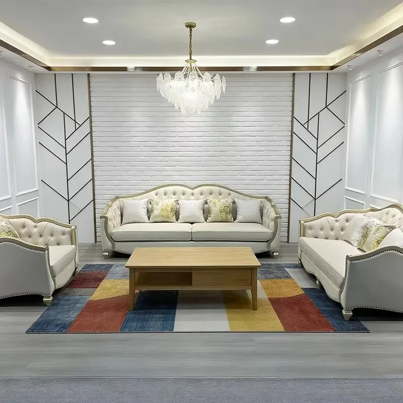 American light luxury sofa genuine leather combo living room furniture, French villa, European internet-famous solid wood sofa h