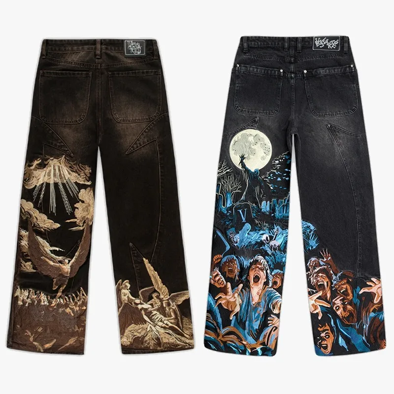 

Harajuku Jeans American Vintage Y2K splicing Gothic pattern Seams Embroidery Jeans streetwear Hip Hop men women wide leg jeans