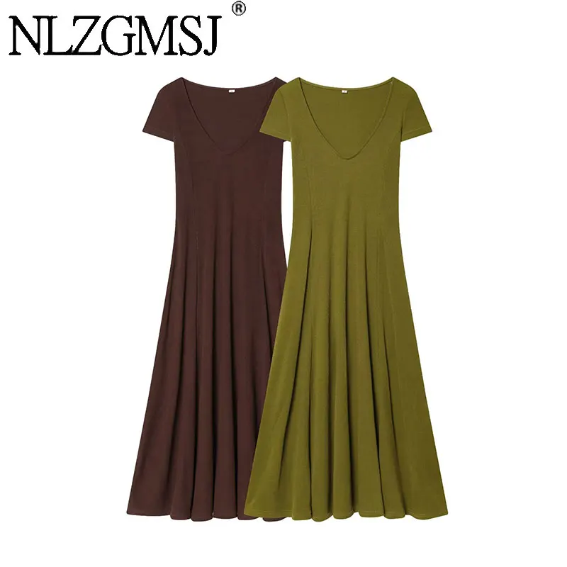 Nlzgsmj 2026 Sommer Elegantes Damen V-Ausschnitt Kurzarm Midikleid Weiches Strick A-Linien-Kleid für den Alltag