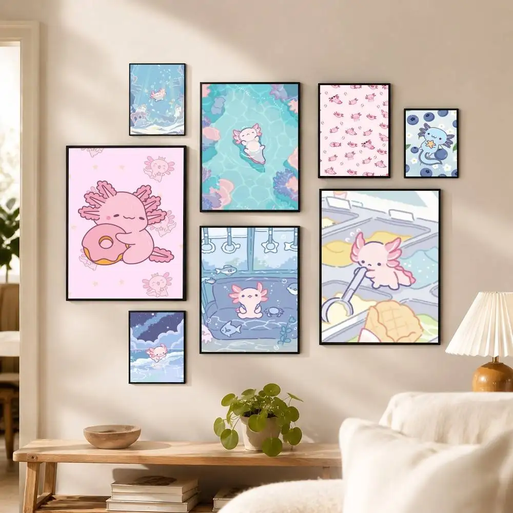 kawaii Cartoon Axolotl  Poster Waterproof Wall Art Sticker For Bar Living Room Vintage Decor High Quality Print Gift