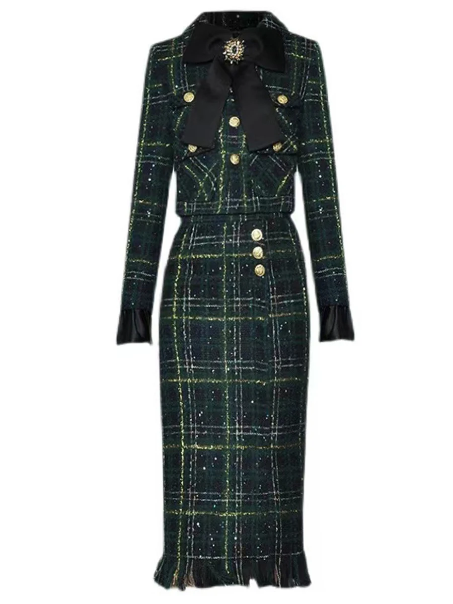 VGH Hit Color Plaid 2 Piece Set For Women Lapel Long Sleeve Patchwork Bow Jackets Spliced Buttons Slim Skirt Elegant Suit Female