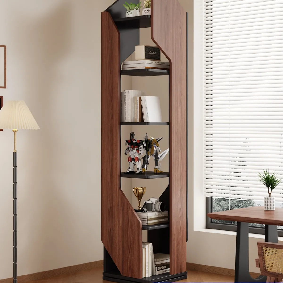 Retro style medieval rotating bookshelf floor-to-ceiling living room children's storage corner display cabinet corner bookcase