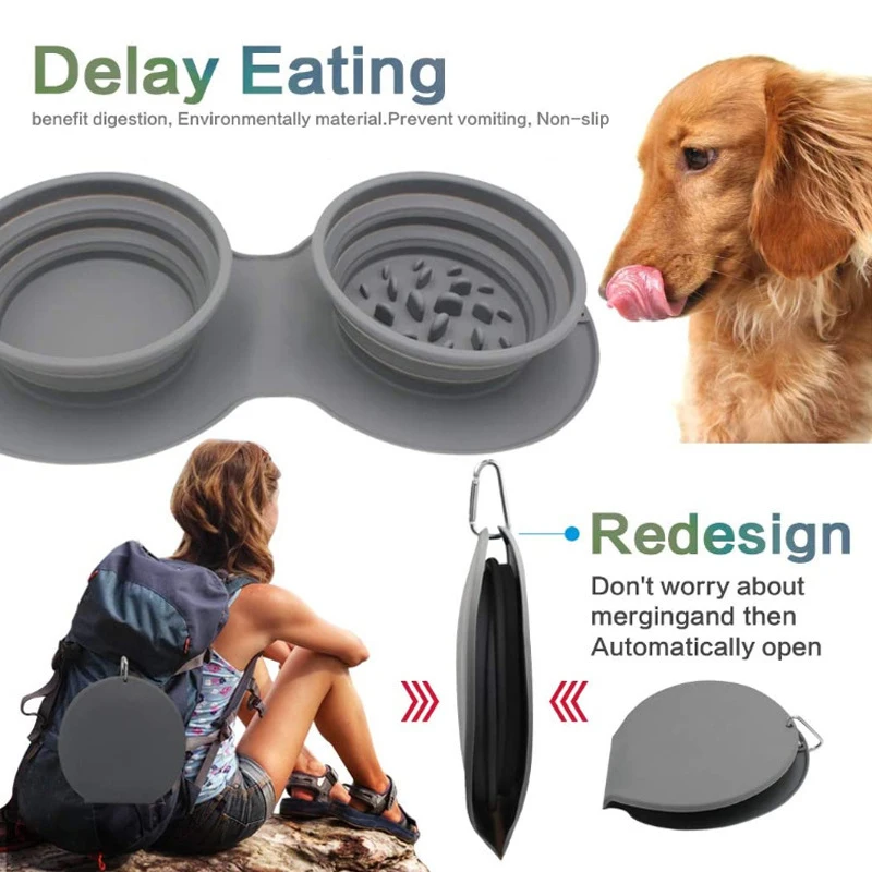 Portable Dog Bowl Outdoor Silicone Double Dog Food Bowls Foldable Non-slip Cat Bowl Pet Travel Anti-choking Vomiting FeedingBowl