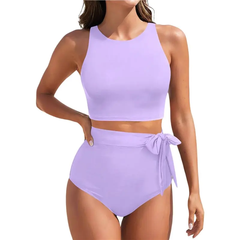 

CYL-Women High Waisted Bikini Set Racerback Swimsuit Two Piece Bathing Suit High Neck Swimwear Light Purple XL