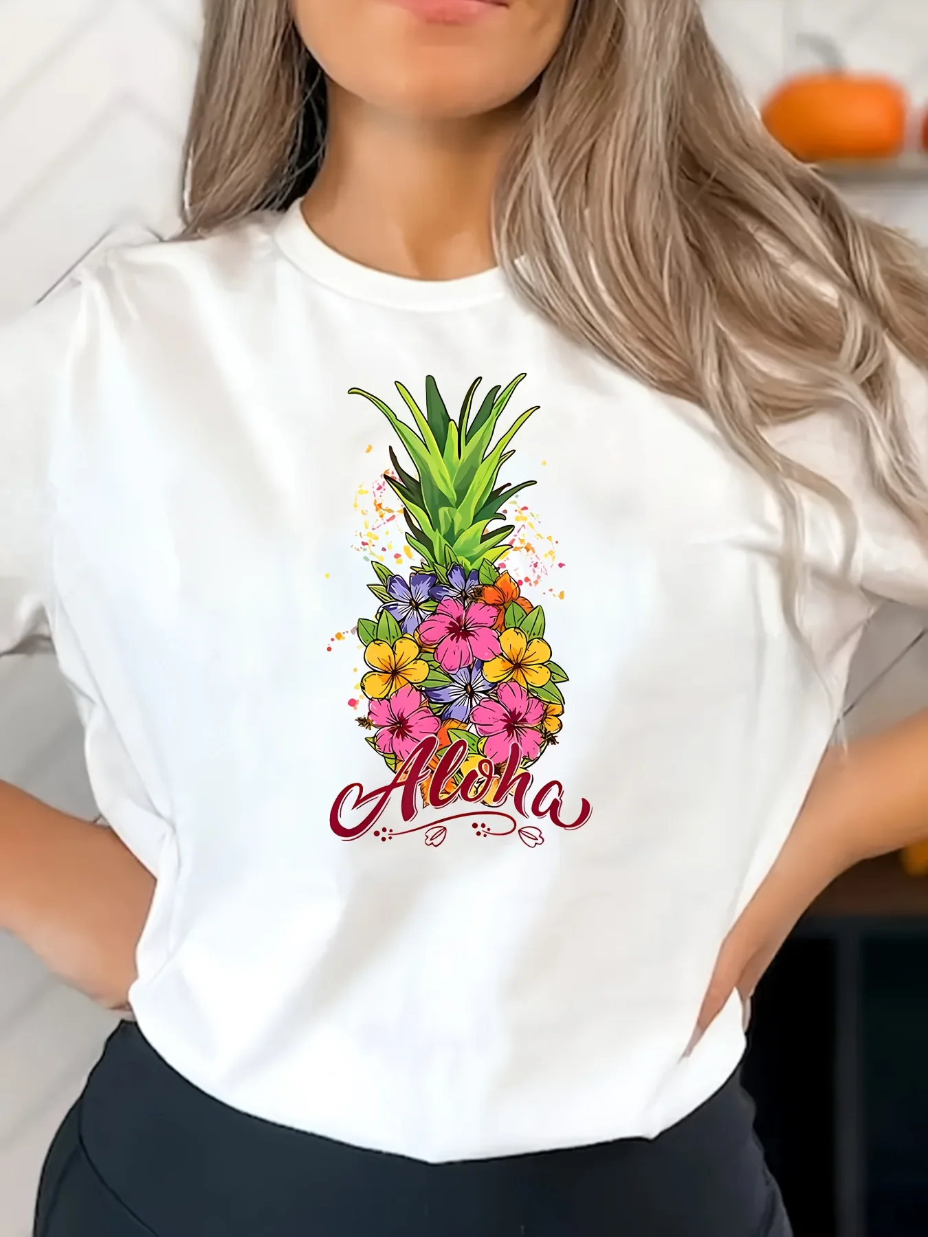 Colorful Pineapple & Floral Print Casual T-Shirt, Round Neck Short Sleeves Versatile Sports Tee, Women's Comfy Tops