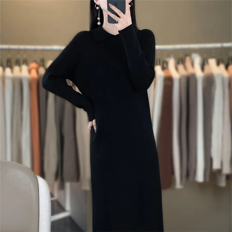 Women\'s boutique POIO collar long sleeved dress autumn and winter knitted cashmere sweater Women\'s solid color pullover long