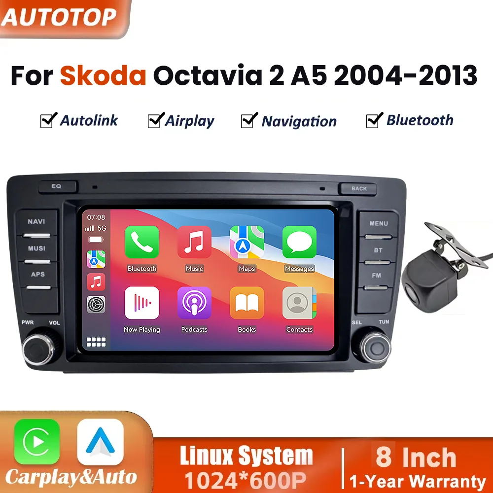 Bezprzewodowe CarPlay Android Auto 8-calowe radio samochodowe z systemem Linux dla Skoda Octavia 2 A5 MK2 2004-2013, multimedialny ekran dotykowy z funkcją Airplay Mirror Link, kamera, Bluetooth,