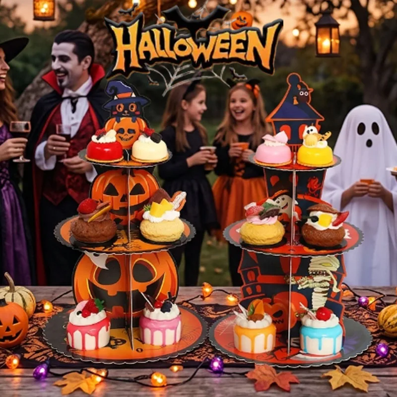 1-4PCS 3 Tier Spiderweb Dessert Stand Decor for Halloween Party Table Centerpiece Display Cake Tray Paper Dim Sum Rack