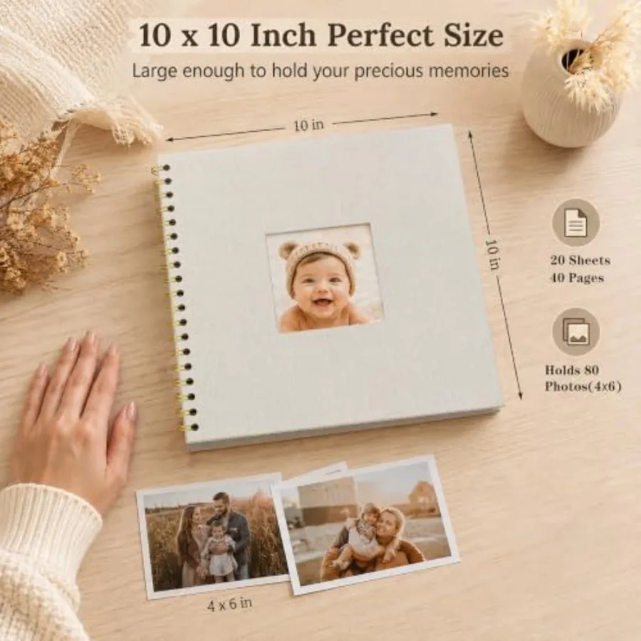 10x10 Inch Scrapbook Photo Album, Linen Cover DIY Memory Book with 40 Pages Acid-Free White Paper, Hardcover Wedding Guest Book
