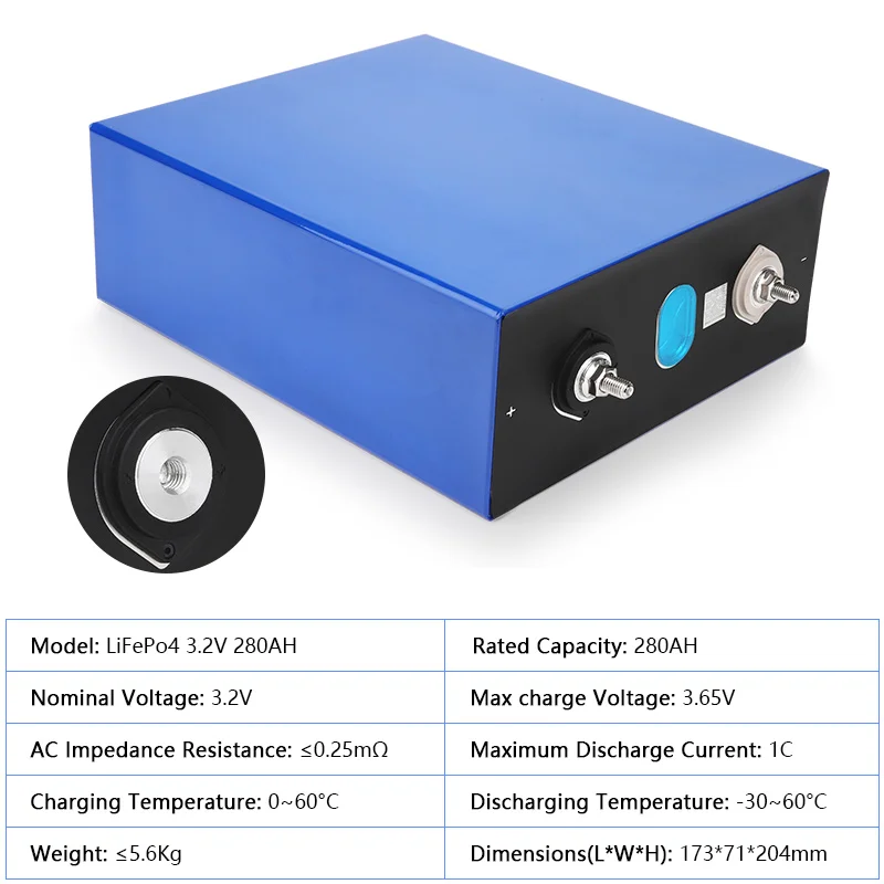 LiFePO4 Grade A Battery EVE 280AH 8000 Cycles 3.2V Rechargeable Lithium Iron Phosphate Cell DIY 12V 24V 48V RV Vans Golf Cart