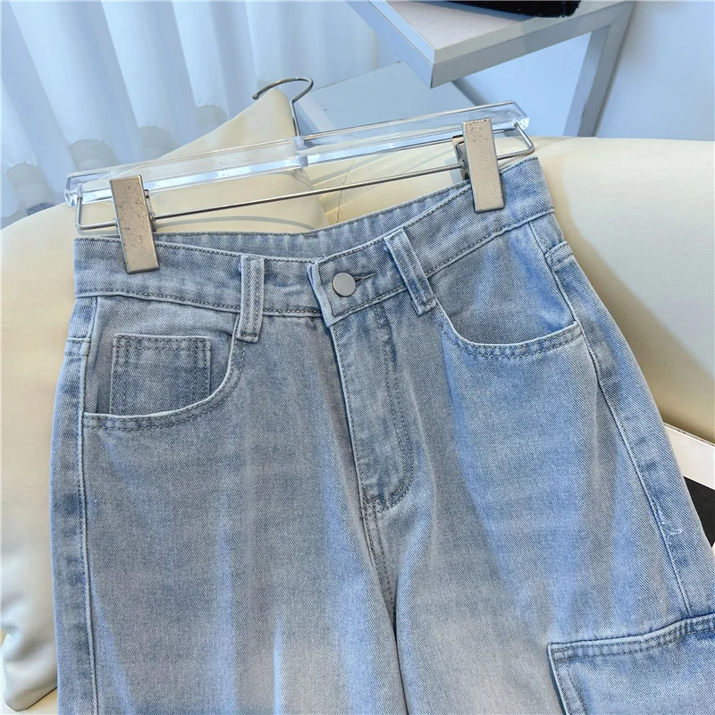 Lichtblauwe jeans met wijde pijpen voor dames Hoge taille Losse casual rechte cargo-denimbroek Lente herfst retro broek