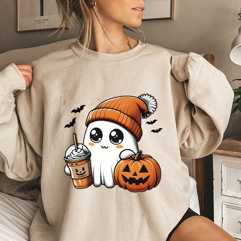 Women's Plus Cute Ghost Graphic Sweatshirts with Pumpkin and Coffee, Casual Crew Neck, Long Sleeves, Halloween Pullovers