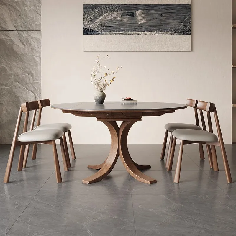

Round retractable folding rock slab dining table Solid wood small apartment Modern simple light luxury square and
