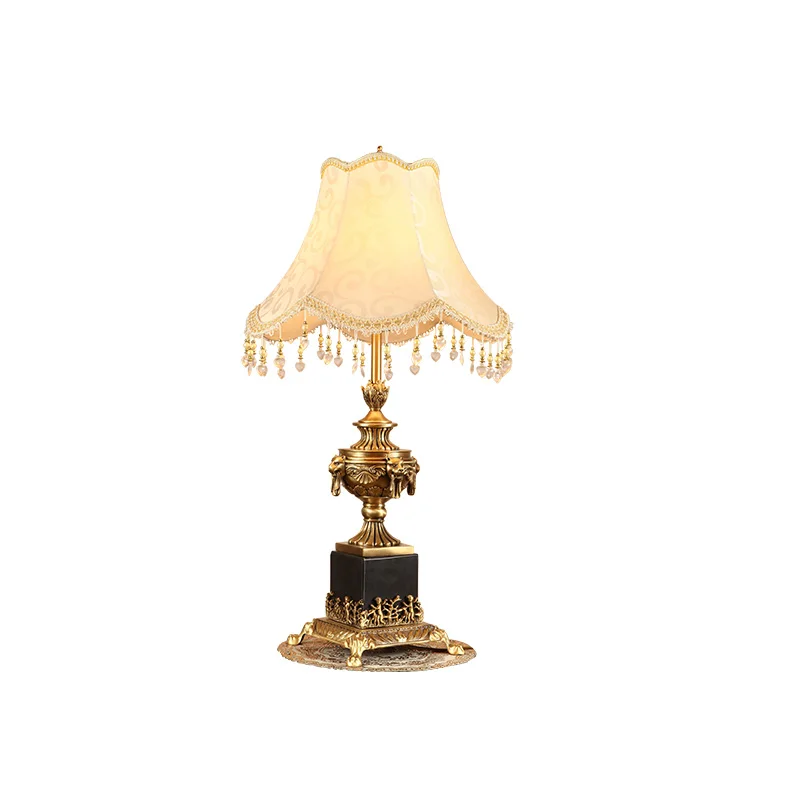 

French Royal Fabric Tassel Lampshade Copper Study Desk Lamp European Retro Bedside Living Room Brass Marble Base Table Light