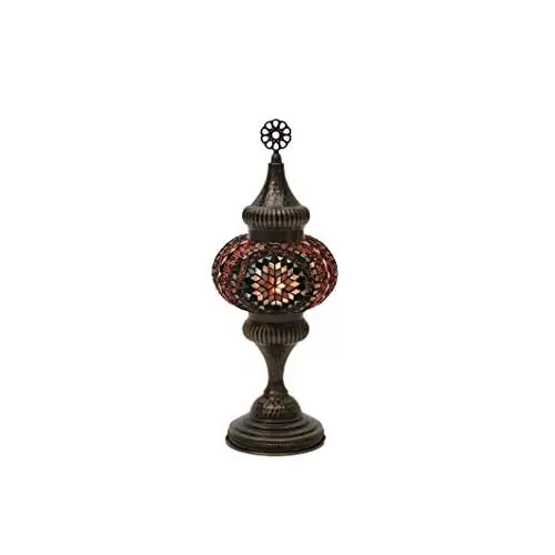 LaModaHome English Moroccan Handmade Mosaic Glass Table Lamp Light with Decorative Dark Polished Copper Fixture for Bedroom, Liv