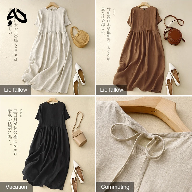 Original Women Cotton Linen Midi Dresses Summer Chic Female Vestidos Loose Soild A-Line Dress Short Puffy Sleeve Casual Sundress